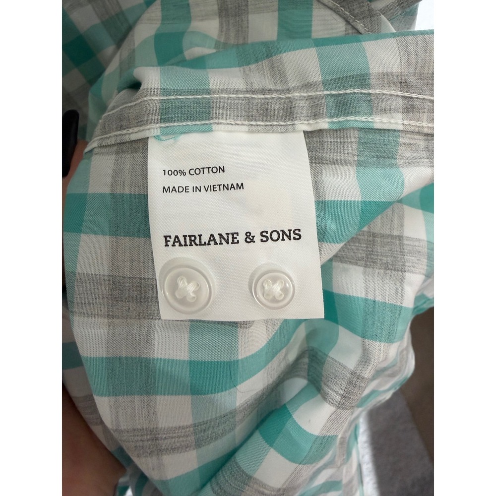 Fairlane & Sons Mens XXL Slim Fit Gingham Shirt Teal Grey Wrinkle Free Cotton - Picture 4 of 5